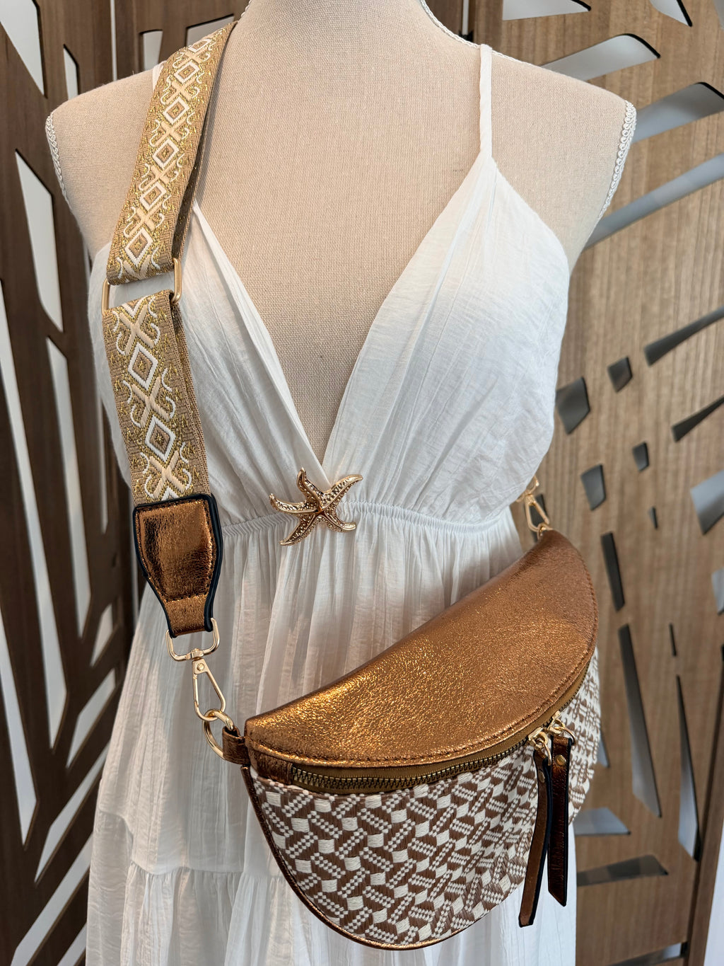 Sac Banane Bohème – Motif Géométrique Camel & Bronze
