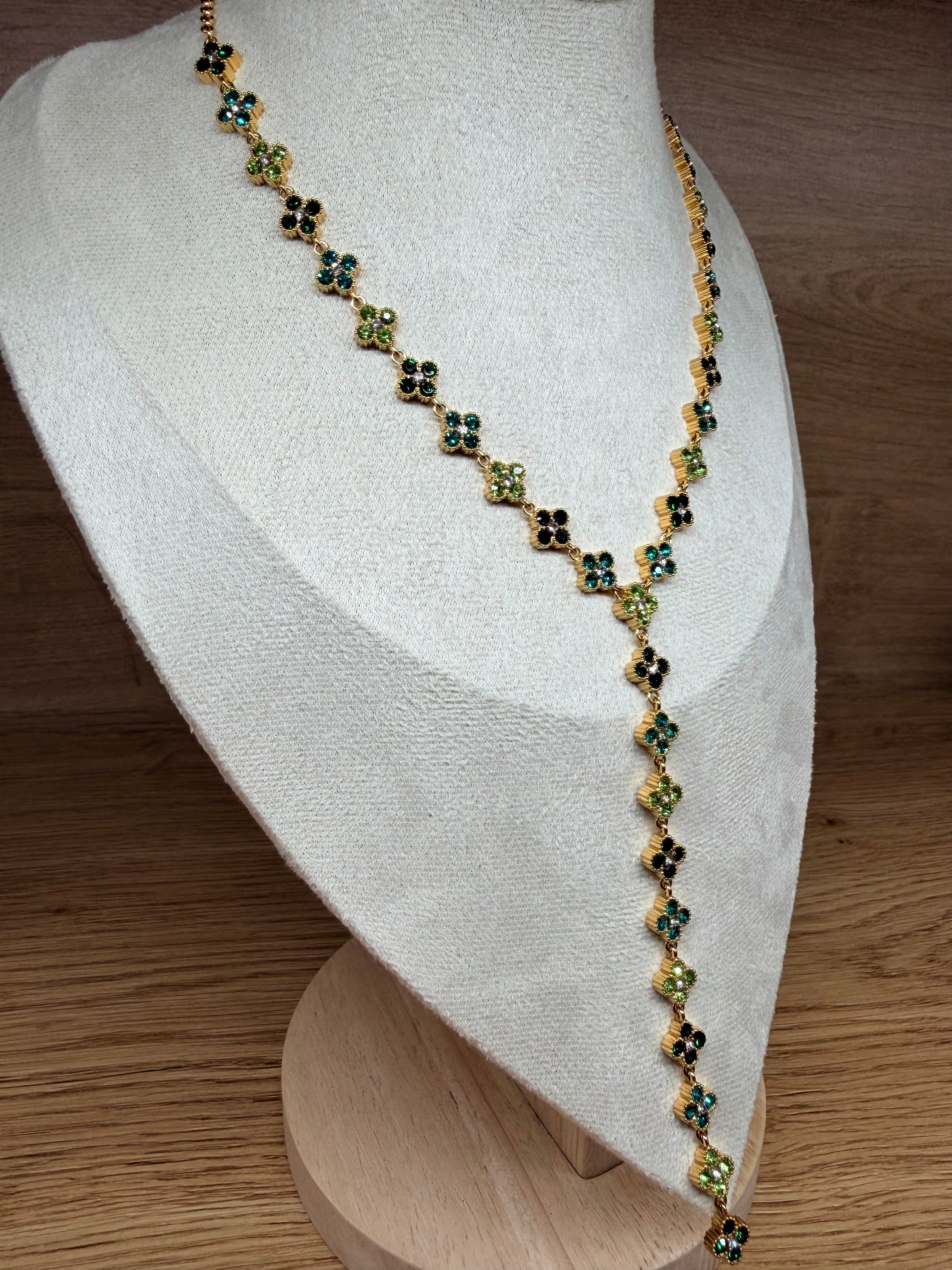 Collier Chaîne en Y Acier Inoxydable Doré - Motifs Fleurs Trèfles et Strass Multicolores