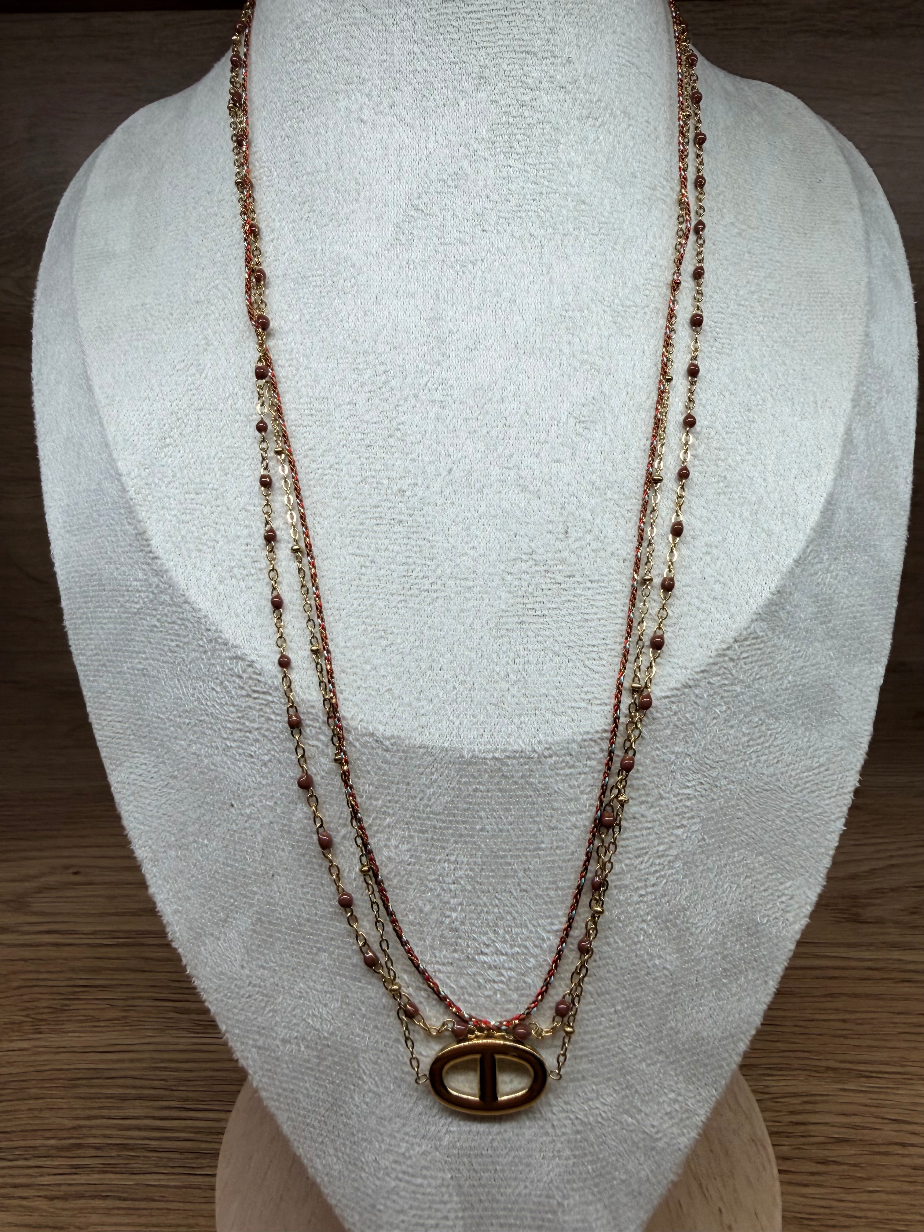 Collier / Bracelet Multi-Rang 2-en-1 Acier Inoxydable Doré - Liens Tissés, Perles et Maillon