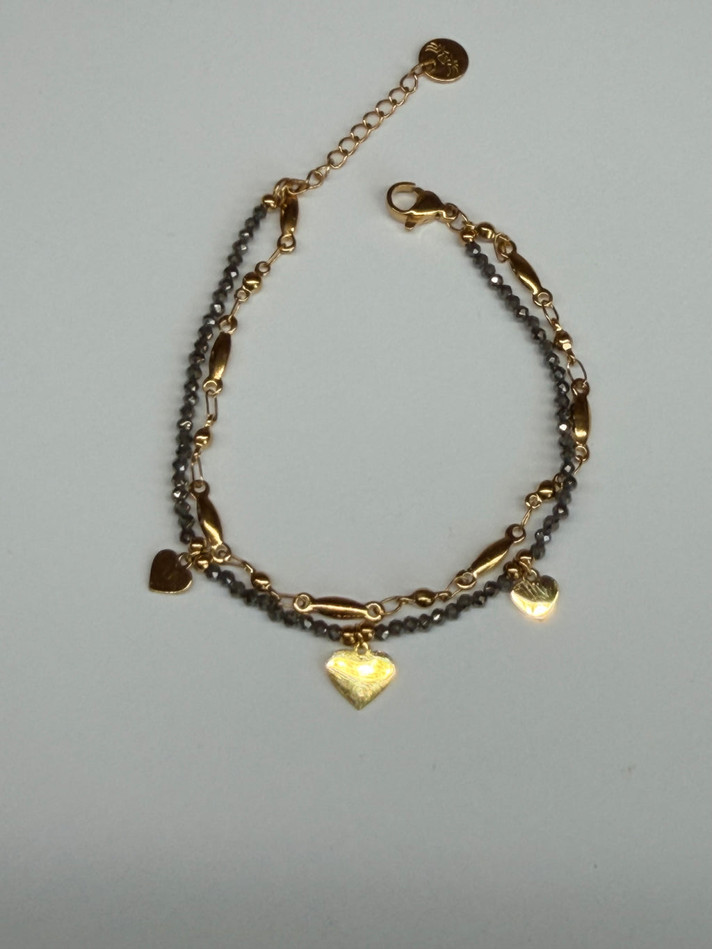 Bracelet Double Acier Inoxydable Doré, Perles et Cœurs