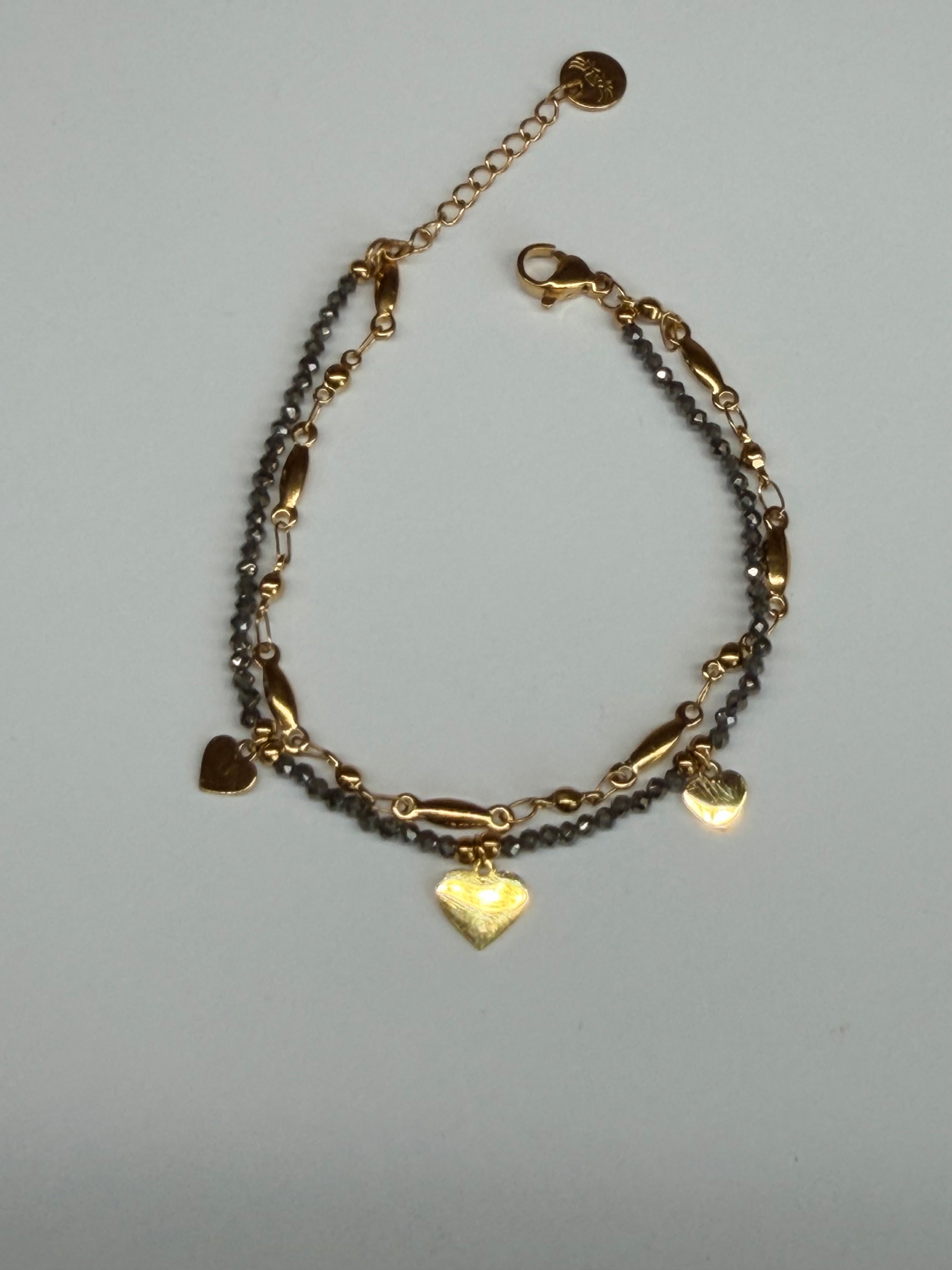 Bracelet Double Acier Inoxydable Doré, Perles et Cœurs