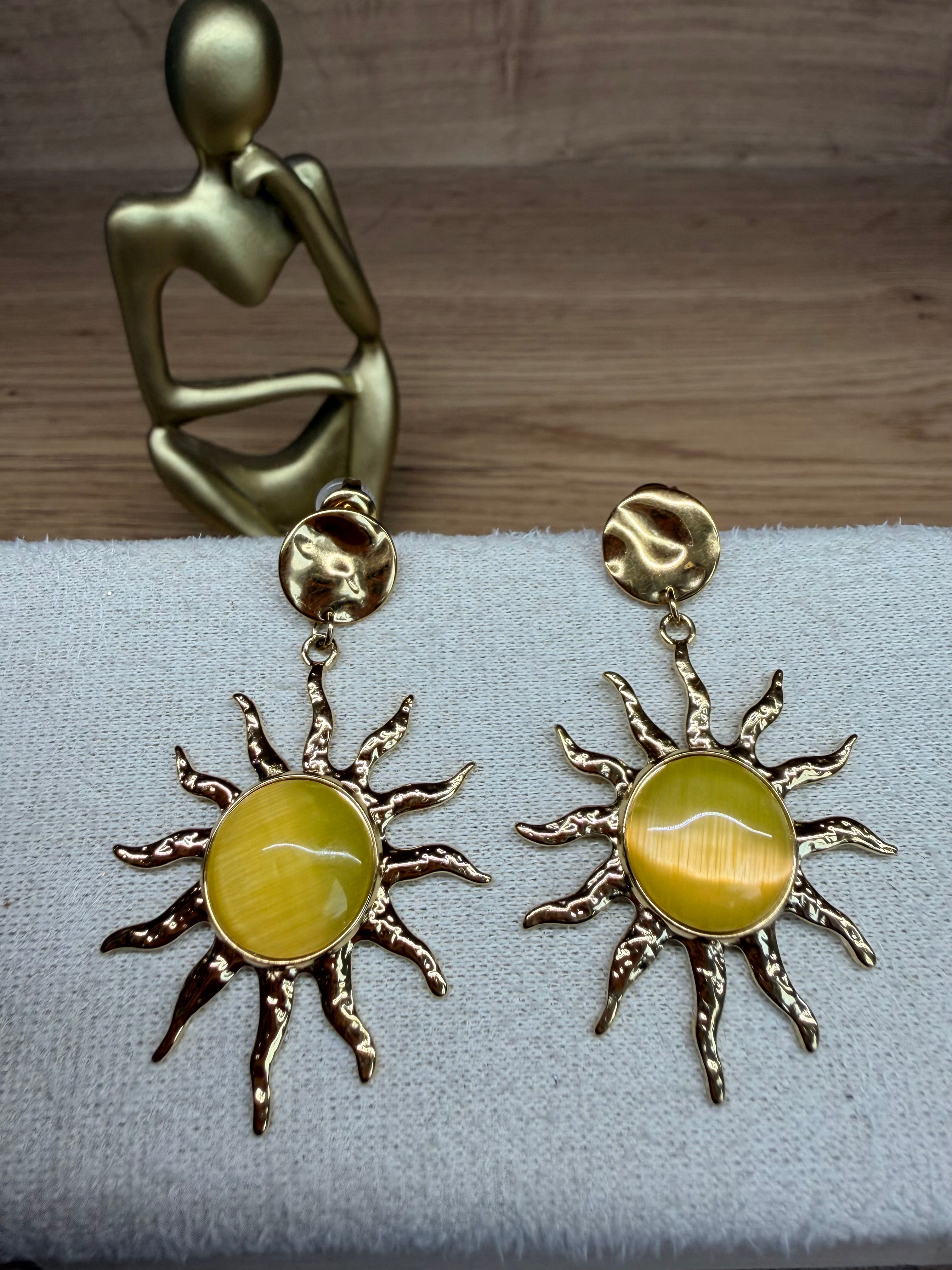 Boucles d'Oreilles Acier Inoxydable Doré et Soleil Pierre Jaune