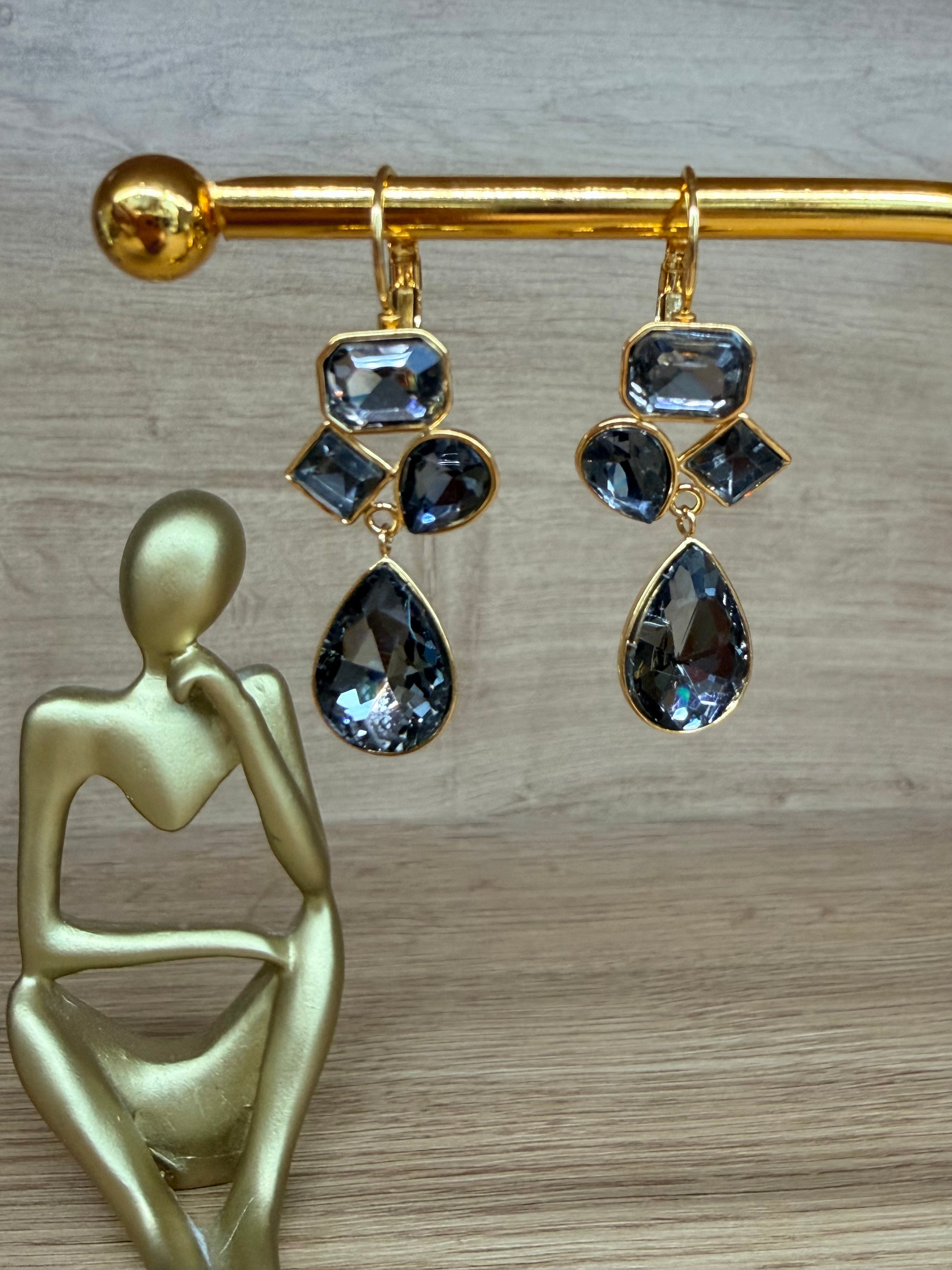 Boucles d'Oreilles Acier Inoxydable Doré et Pierres Grises/Bleutées