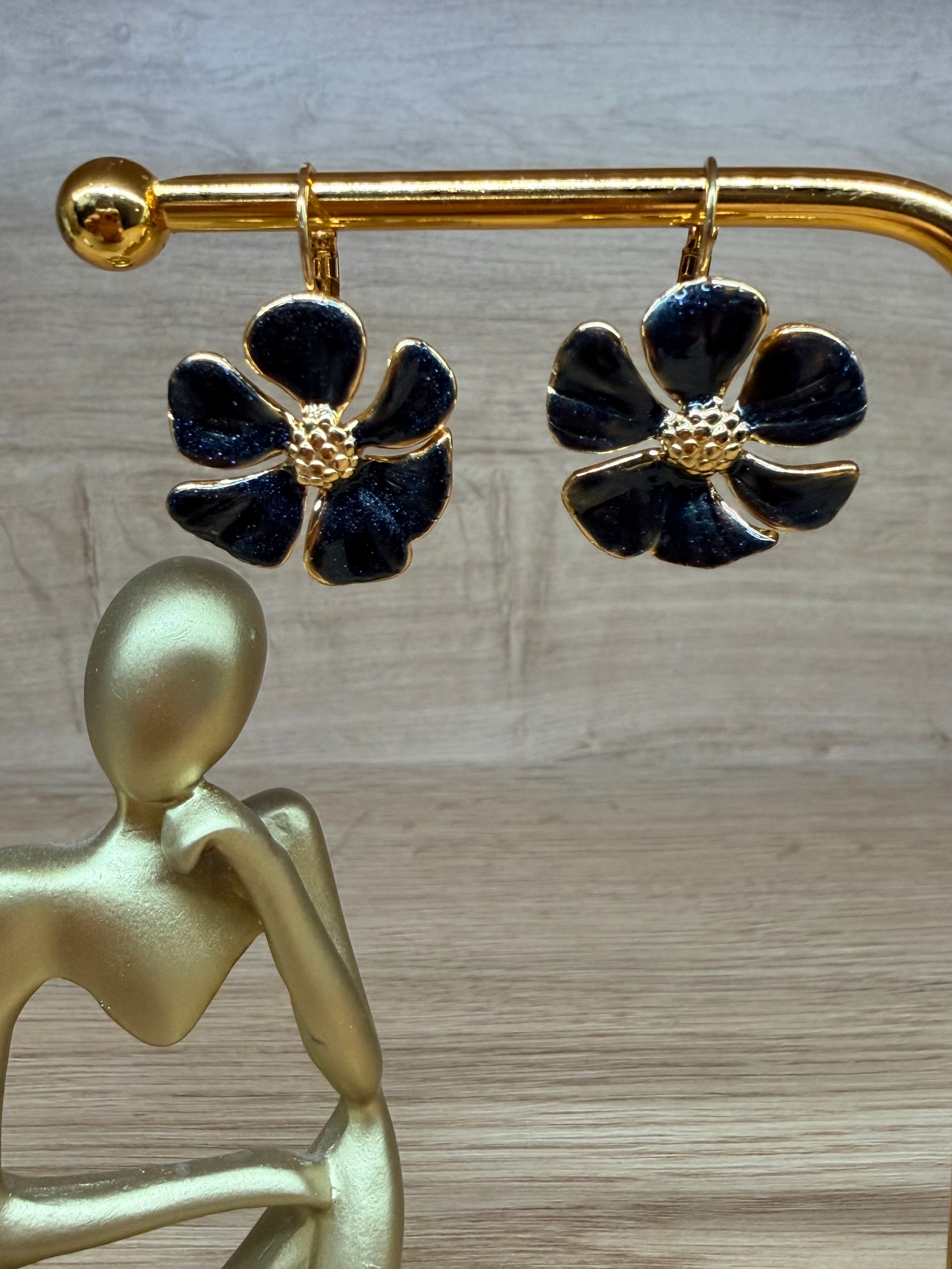 Boucles d'Oreilles Pendantes Acier Inoxydable Doré - Motifs Fleurs Noires Pailletées