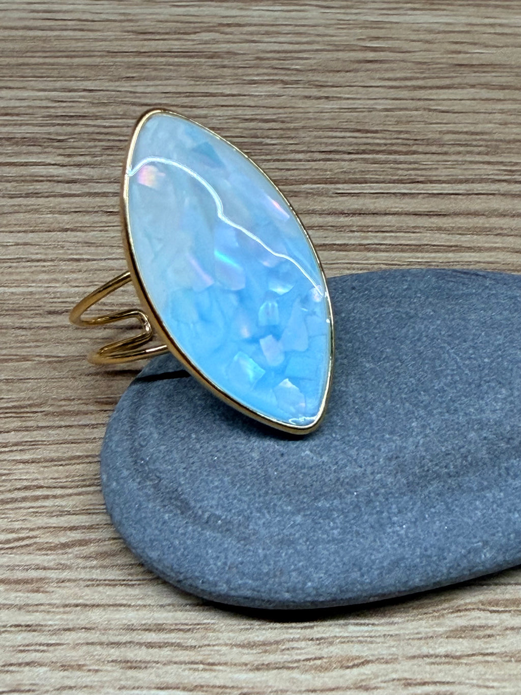 Bague Ajustable Acier Inoxydable Doré - Grande Pierre Ovale Effet Pierre Naturelle / Mosaïque Bleue