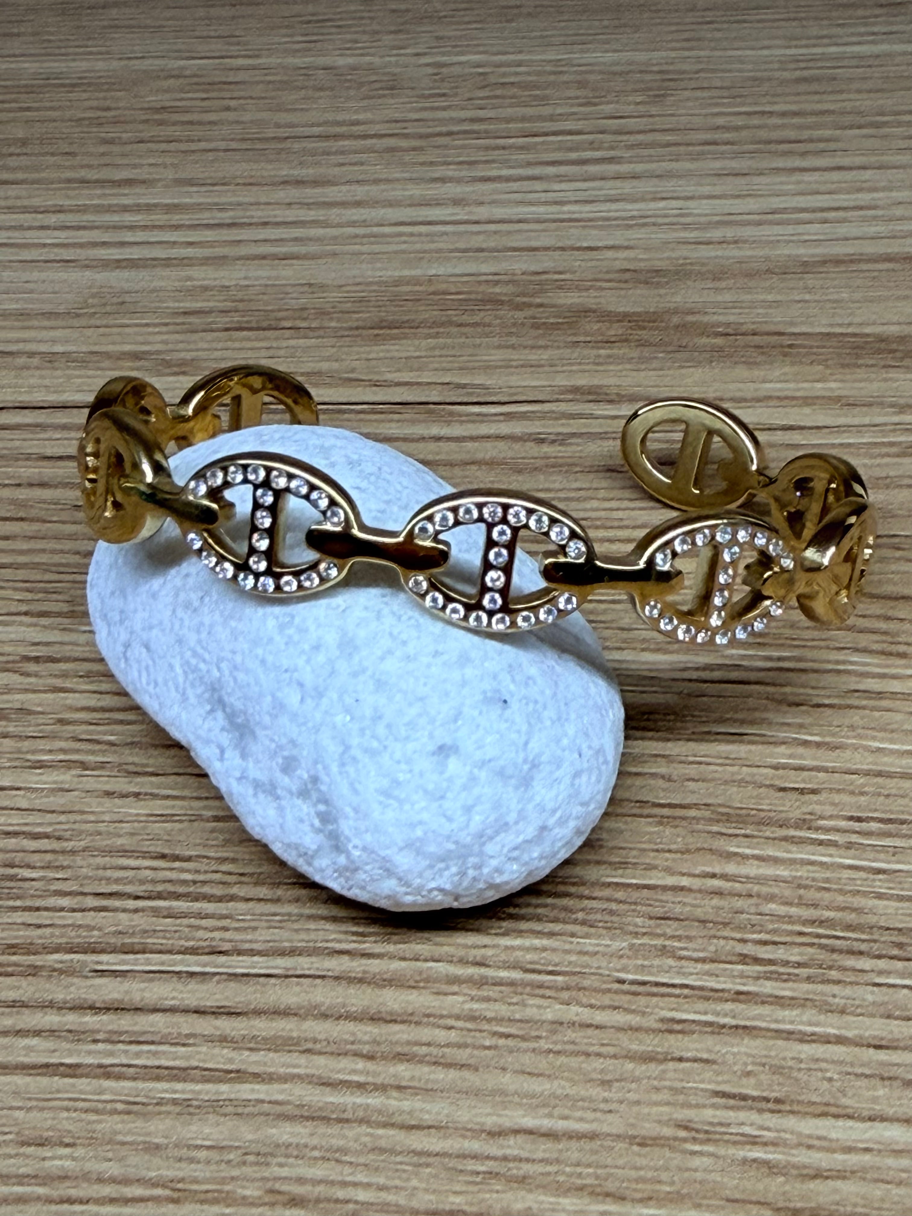 Bracelet Jonc Rigide Acier Inoxydable Doré - Maillons Chaine Strass