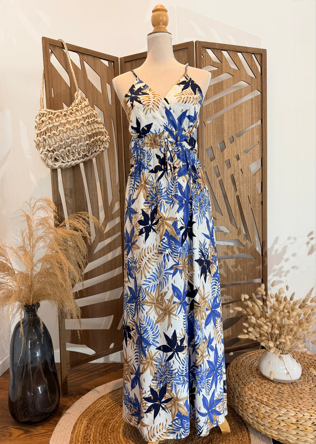 Robe Longue Bohème – Imprimé Tropical Bleu & Doré-Miss Sara