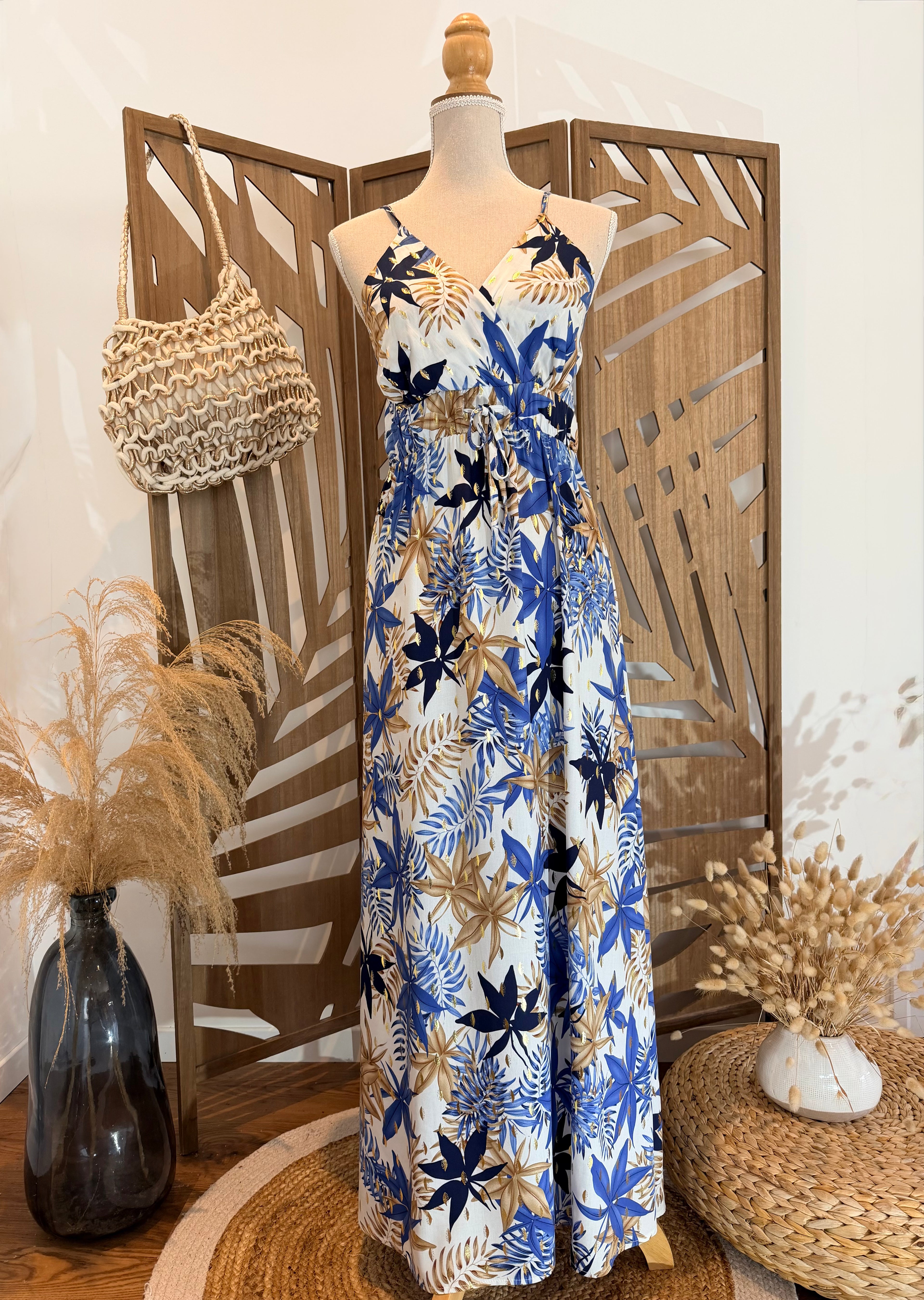 Robe Longue Bohème – Imprimé Tropical Bleu & Doré-Miss Sara