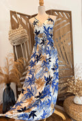 Robe Longue Bohème – Imprimé Tropical Bleu & Doré-Miss Sara
