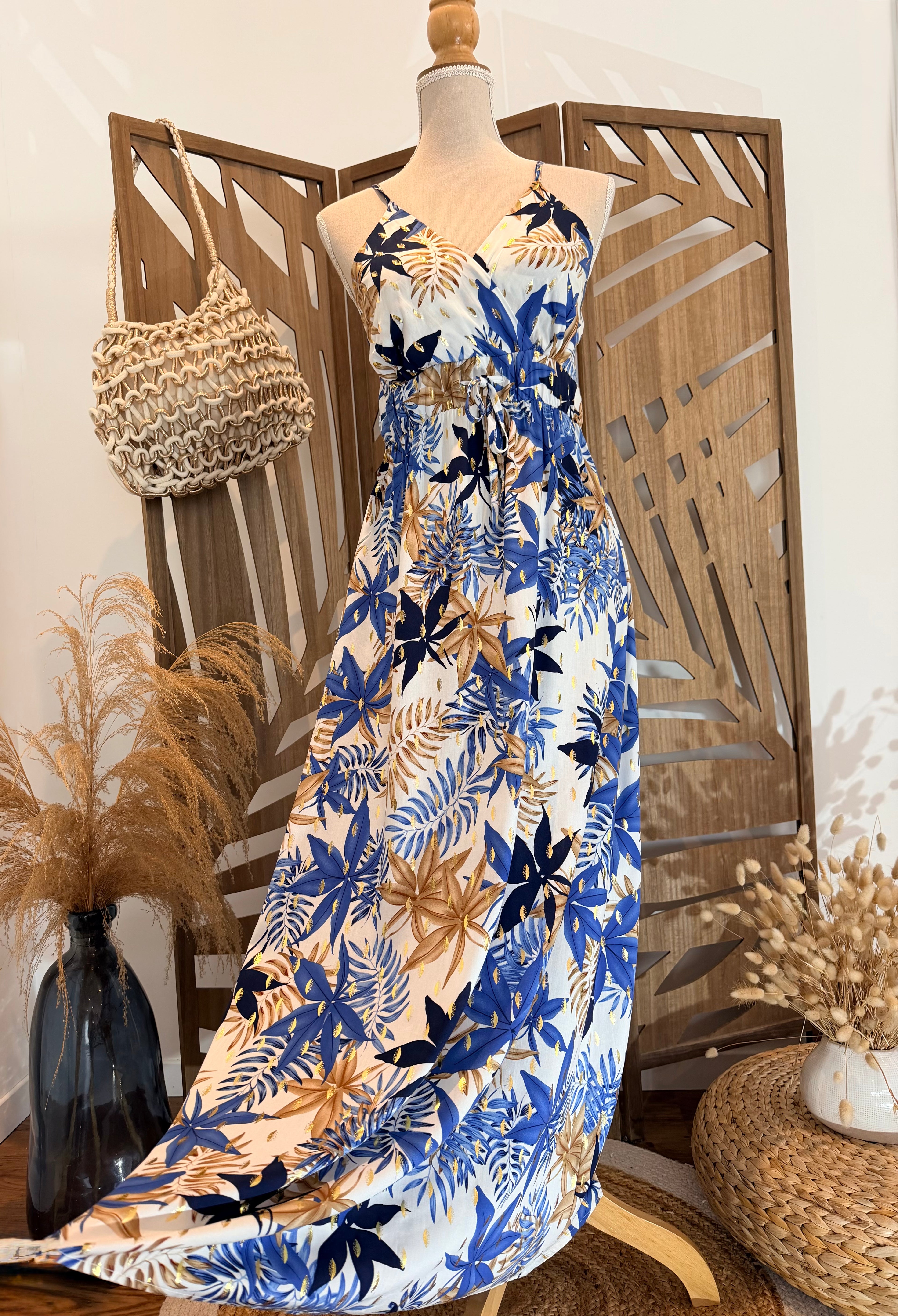 Robe Longue Bohème – Imprimé Tropical Bleu & Doré-Miss Sara