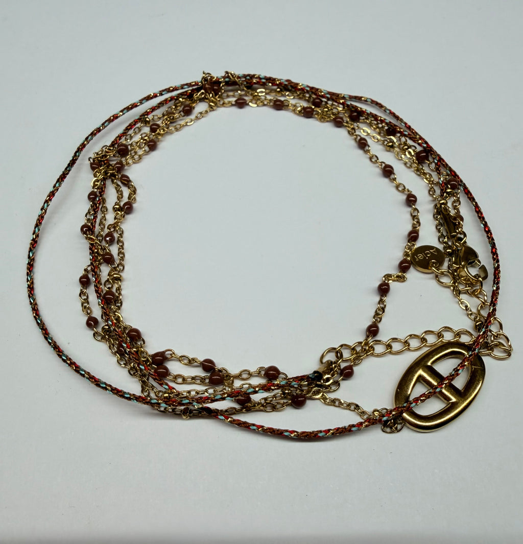 Collier / Bracelet Multi-Rang 2-en-1 Acier Inoxydable Doré - Liens Tissés, Perles et Maillon