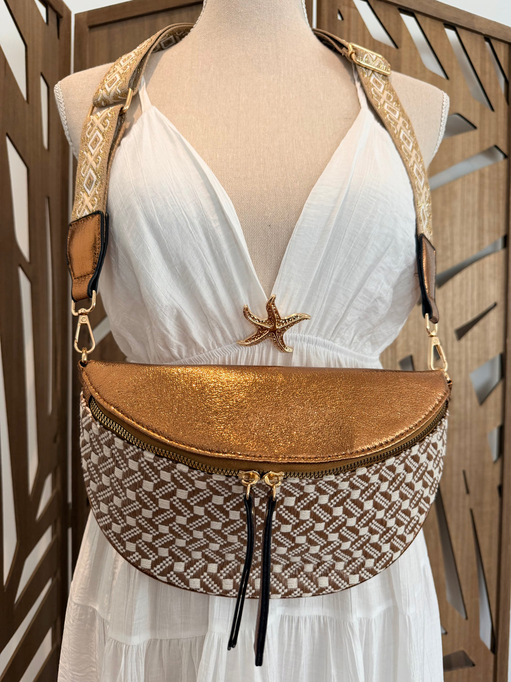 Sac Banane Bohème – Motif Géométrique Camel & Bronze