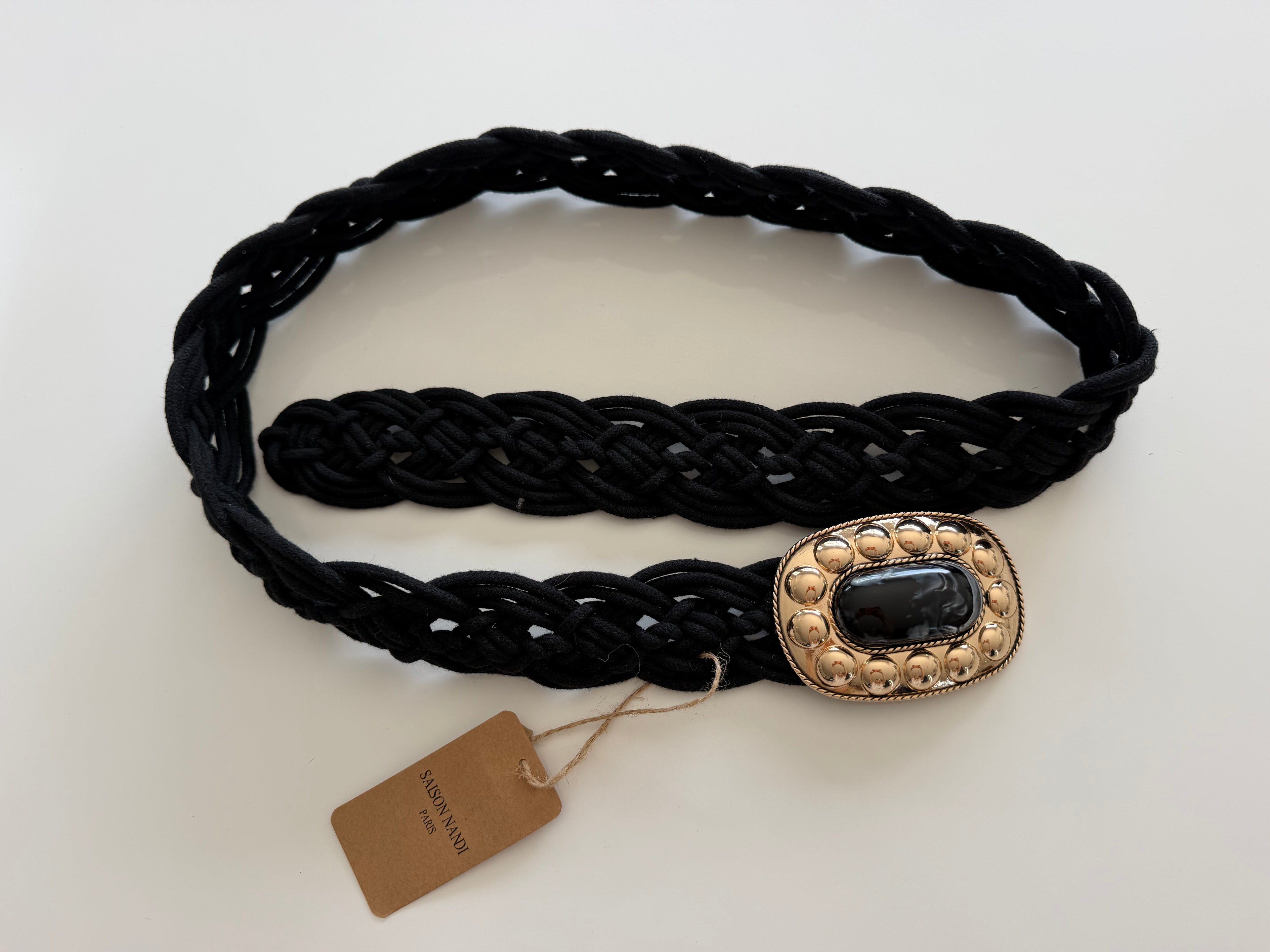 Ceinture Tressée noire avec Boucle Bijou Dorée – Saison Nandi Paris