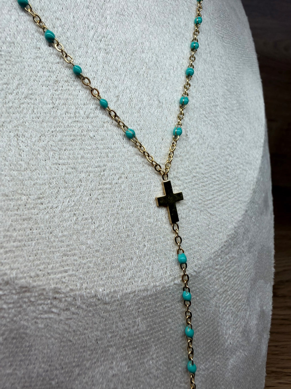 Collier Chapelet Acier Inoxydable Doré - Pendentif Croix et Perles Turquoise
