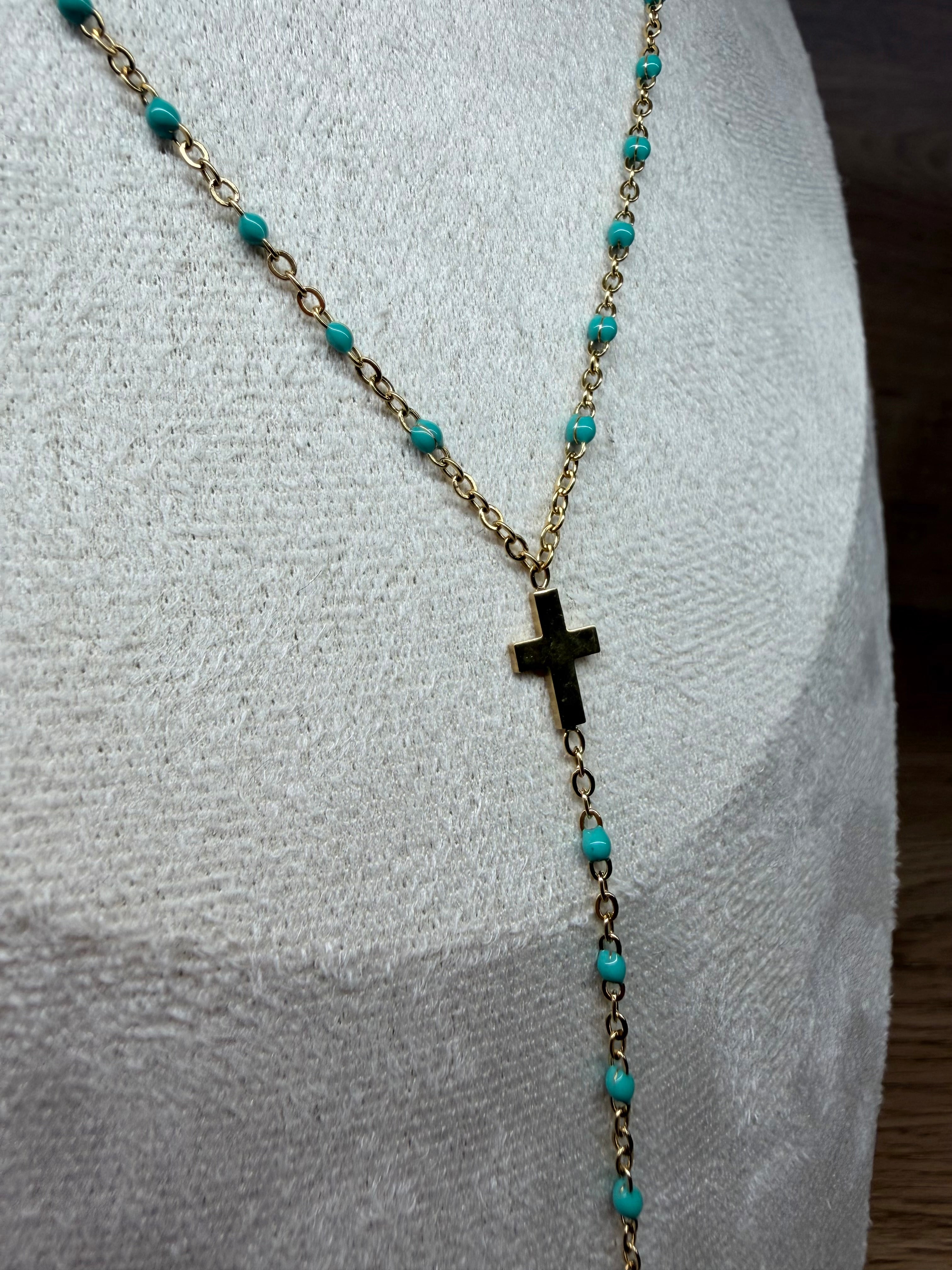 Collier Chapelet Acier Inoxydable Doré - Pendentif Croix et Perles Turquoise