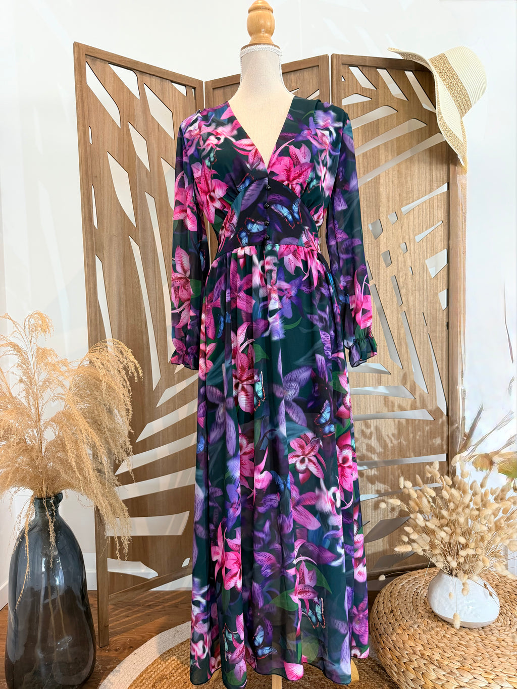 Robe Manches Longues – Fleurie Fond Noir