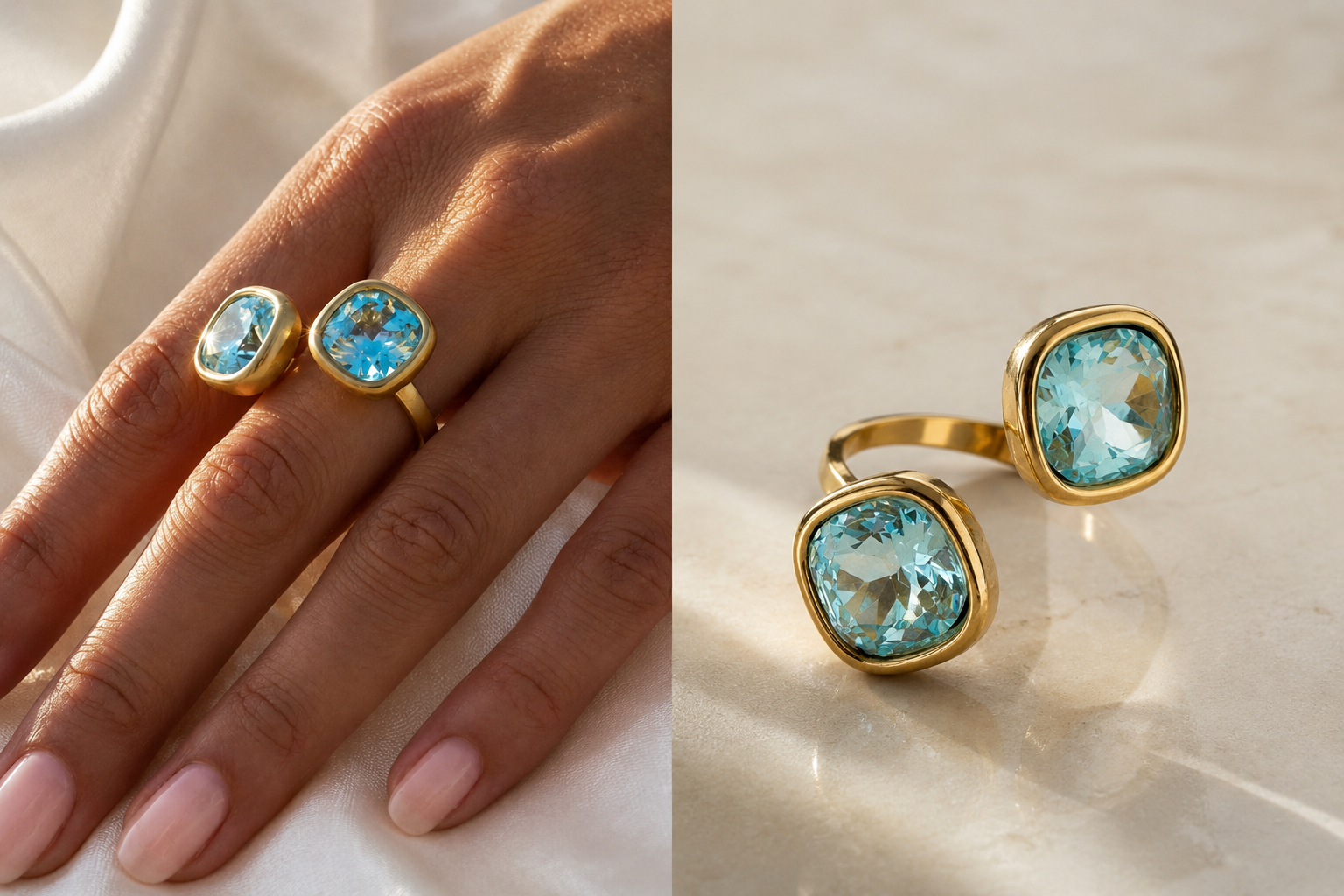Bague Ajustable Dorée – Pierre Bleue