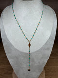 Collier Chapelet Acier Inoxydable Doré - Pendentif Croix et Perles Turquoise