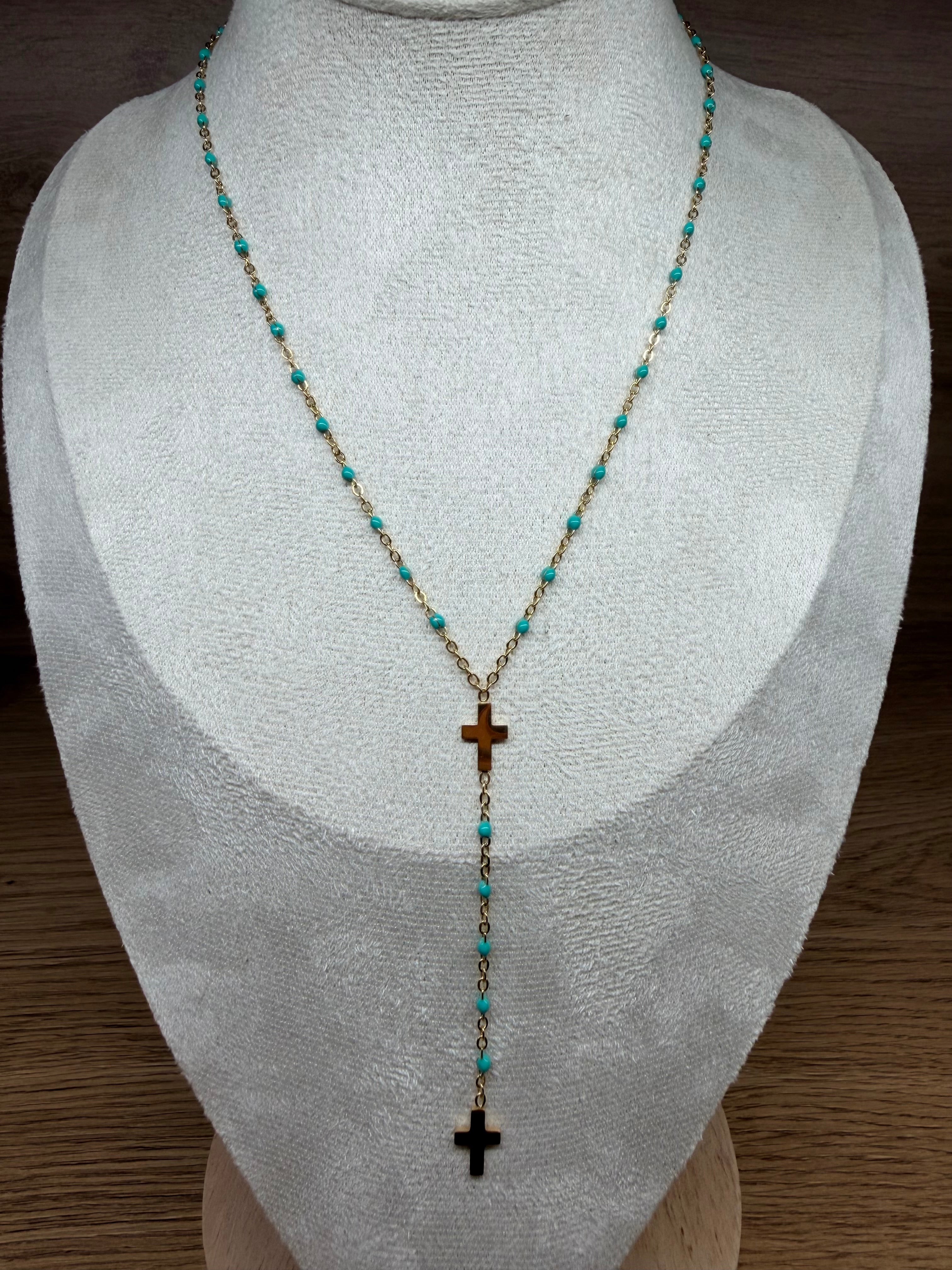 Collier Chapelet Acier Inoxydable Doré - Pendentif Croix et Perles Turquoise