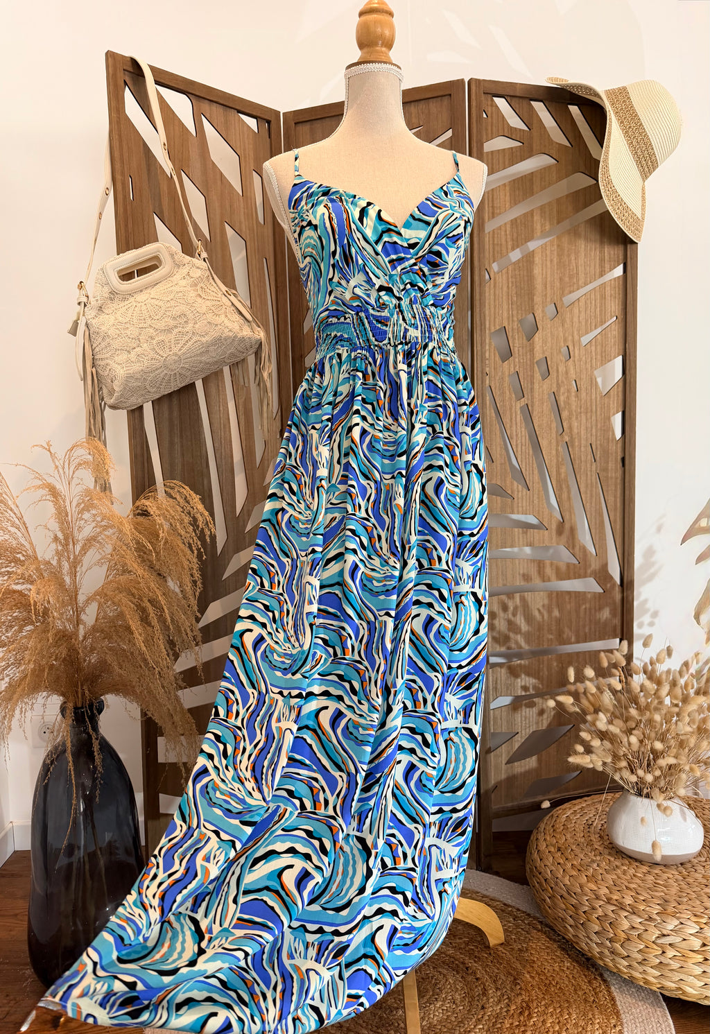 Robe longue imprimée bleue-Miss Sara