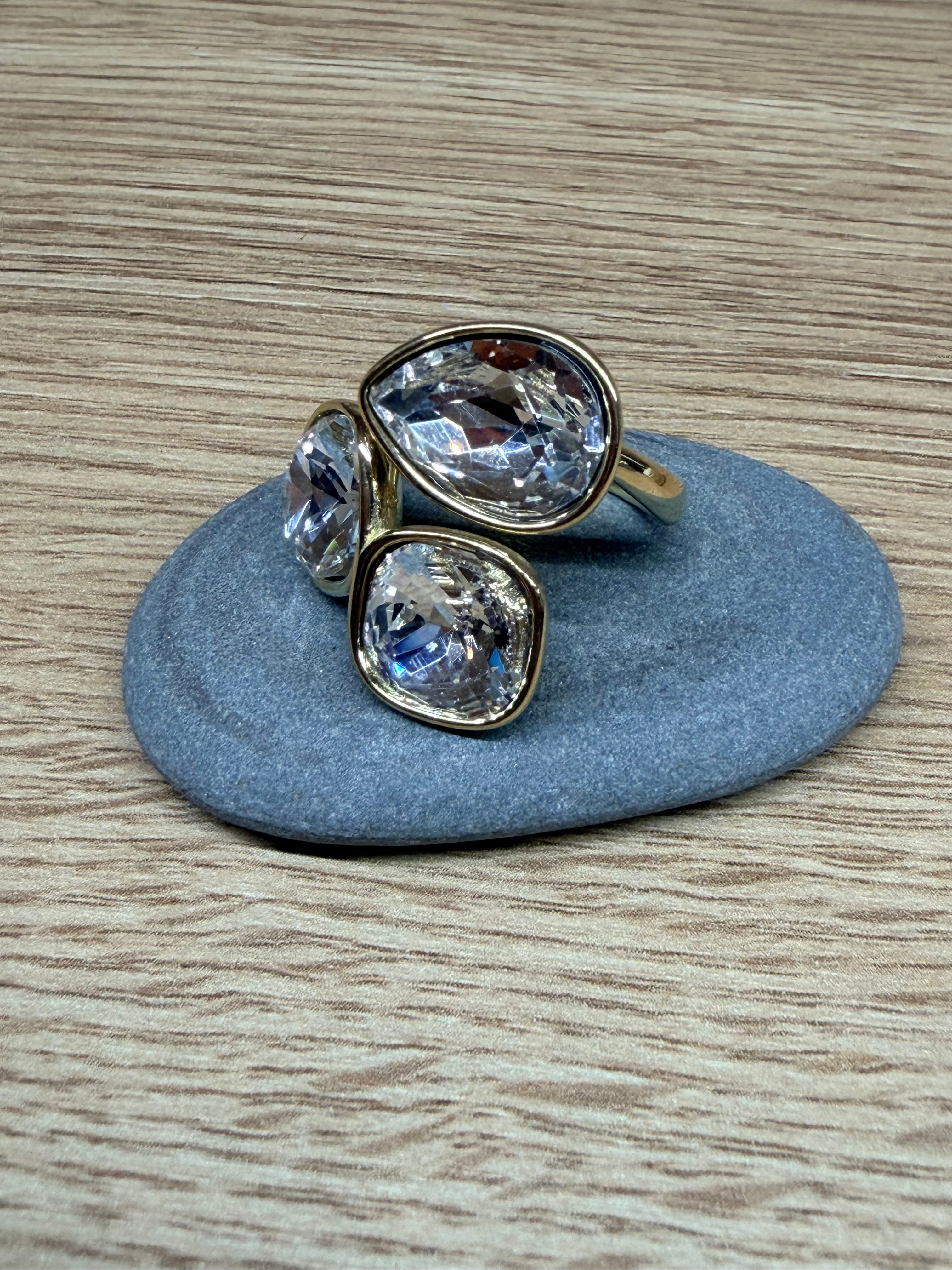 Bague Ouverte Acier Inoxydable Doré et Cristaux Scintillants
