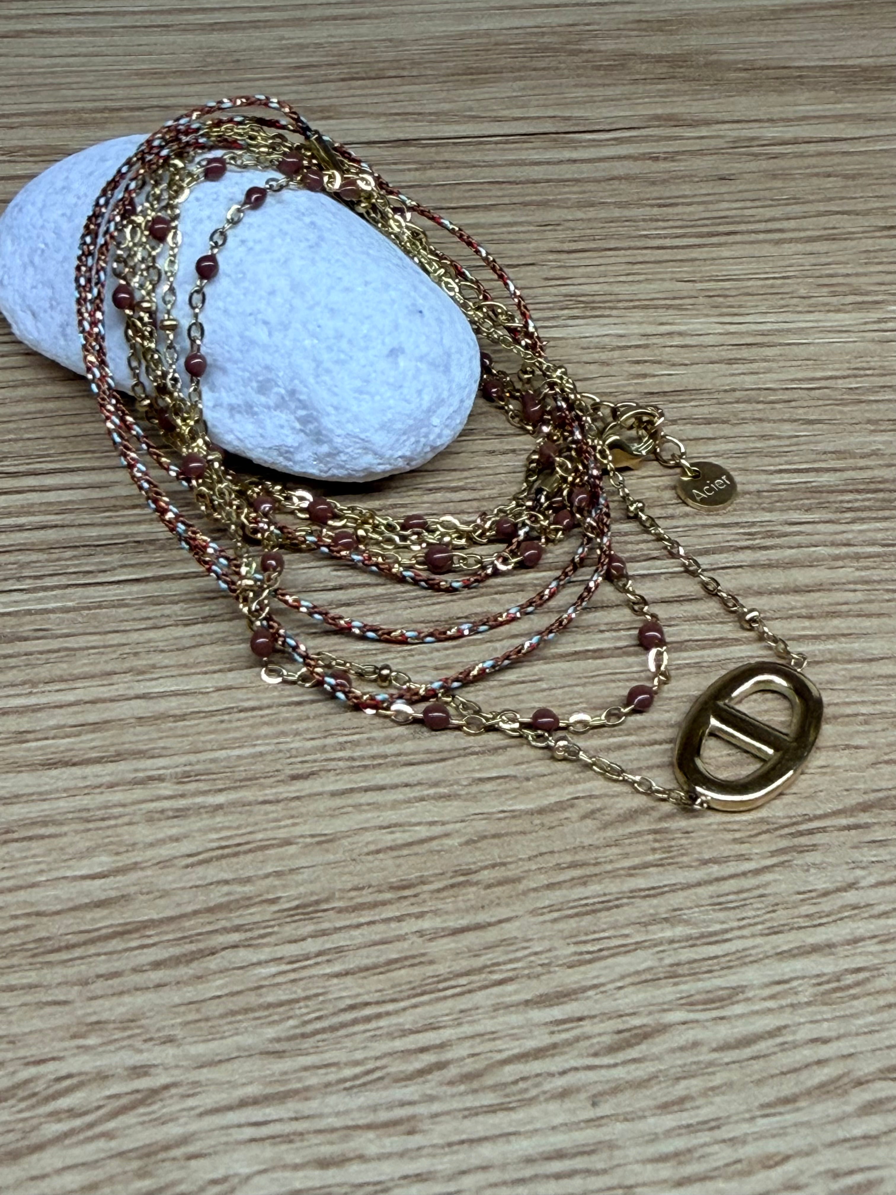 Collier / Bracelet Multi-Rang 2-en-1 Acier Inoxydable Doré - Liens Tissés, Perles et Maillon
