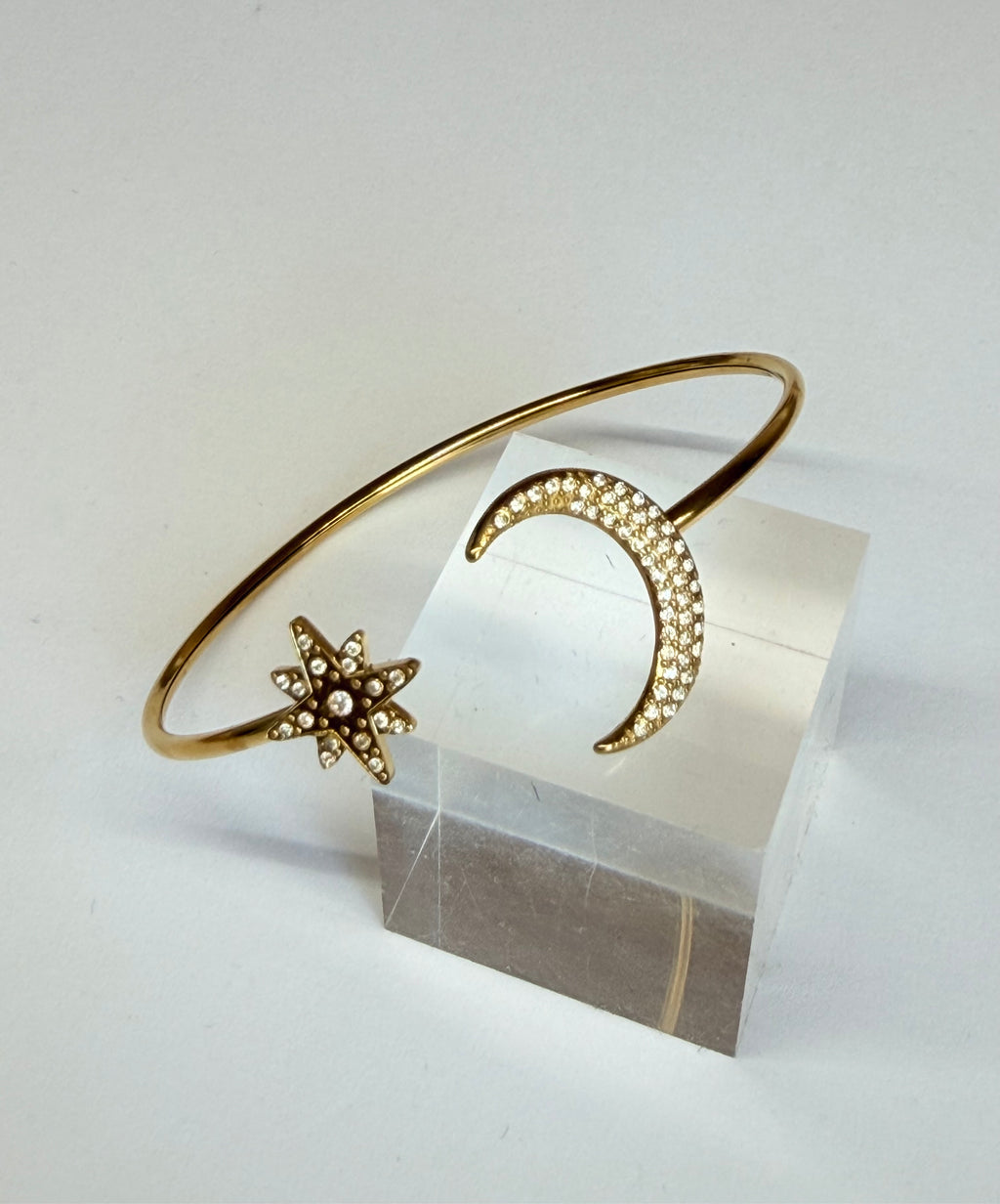 Bracelet Jonc Ouvert Céleste – Lune et Étoile Doré – Acier Inoxydable