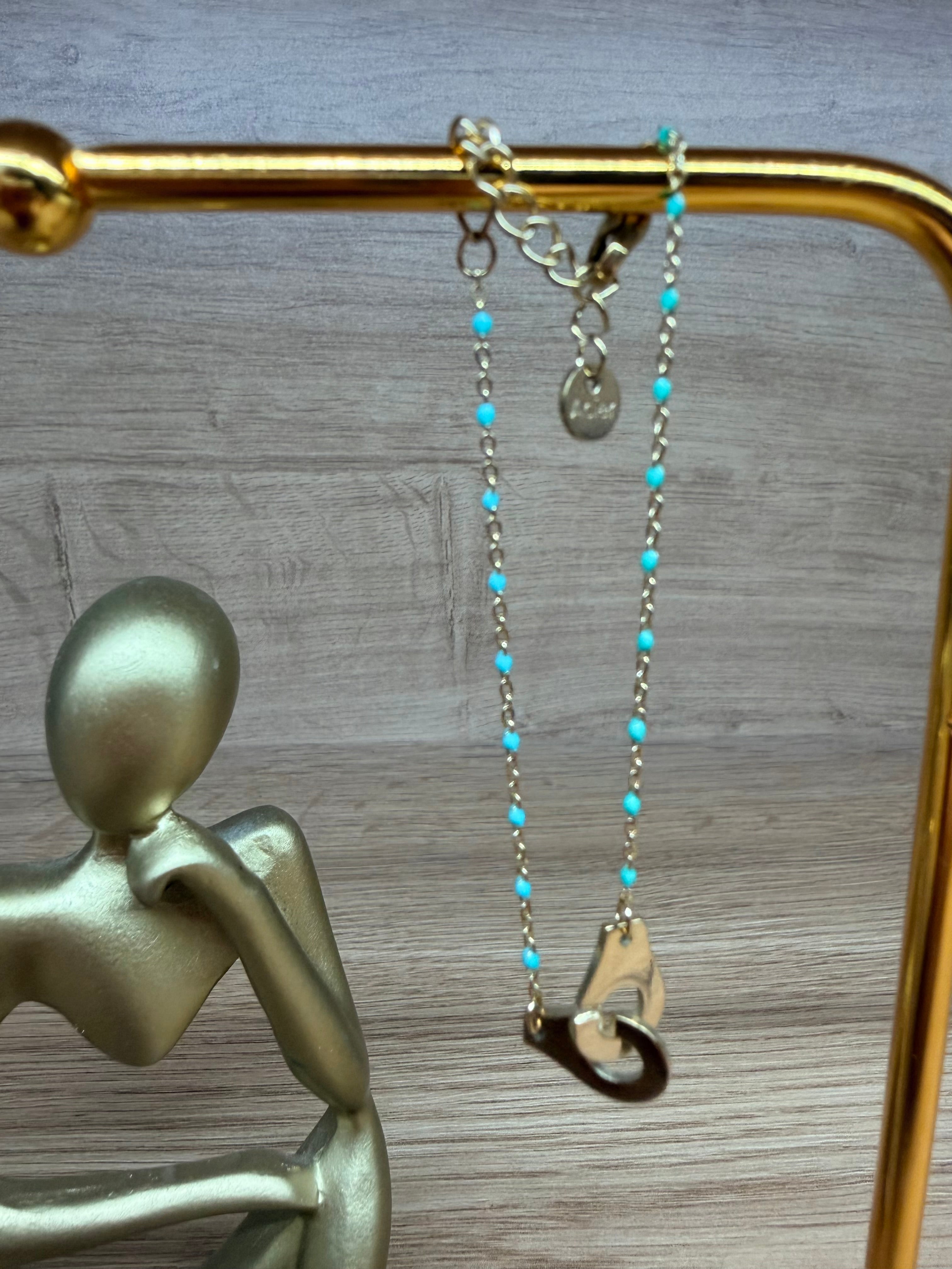 Bracelet Acier Inoxydable Doré - Pendentif Menottes et Perles Turquoise