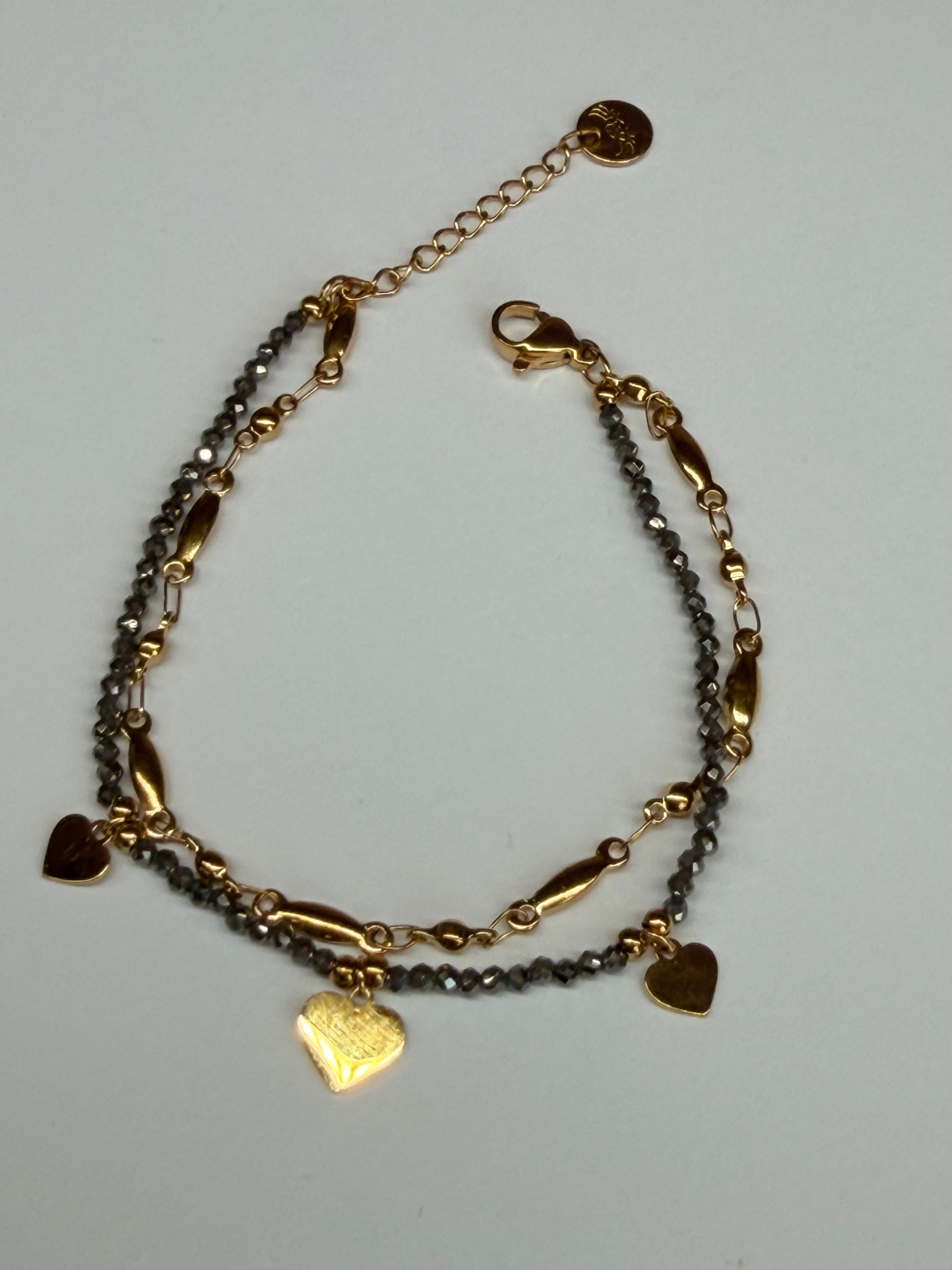 Bracelet Double Acier Inoxydable Doré, Perles et Cœurs