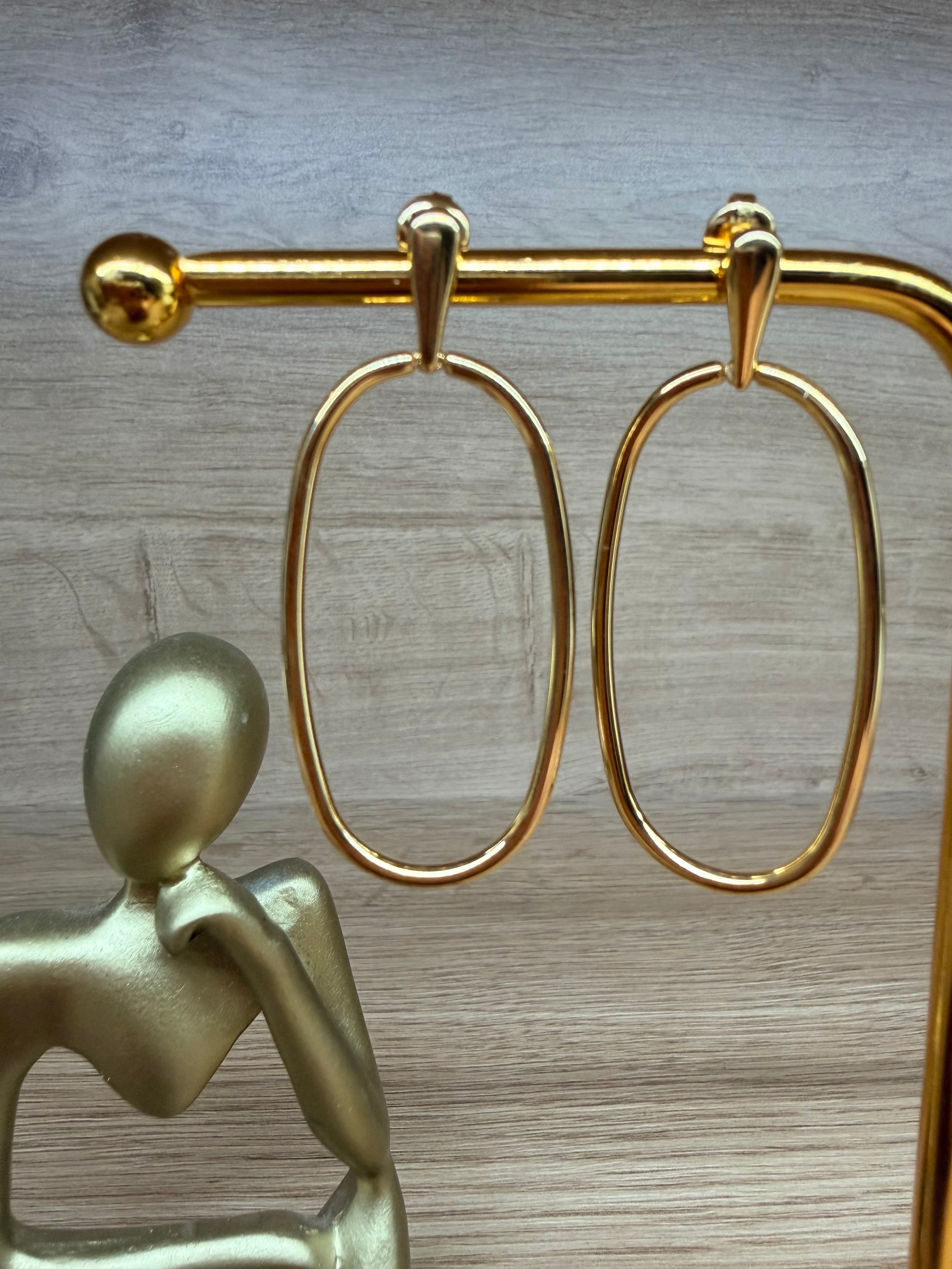 Boucles d'Oreilles Pendantes Acier Inoxydable Doré - Grandes Créoles Ovales Épurées