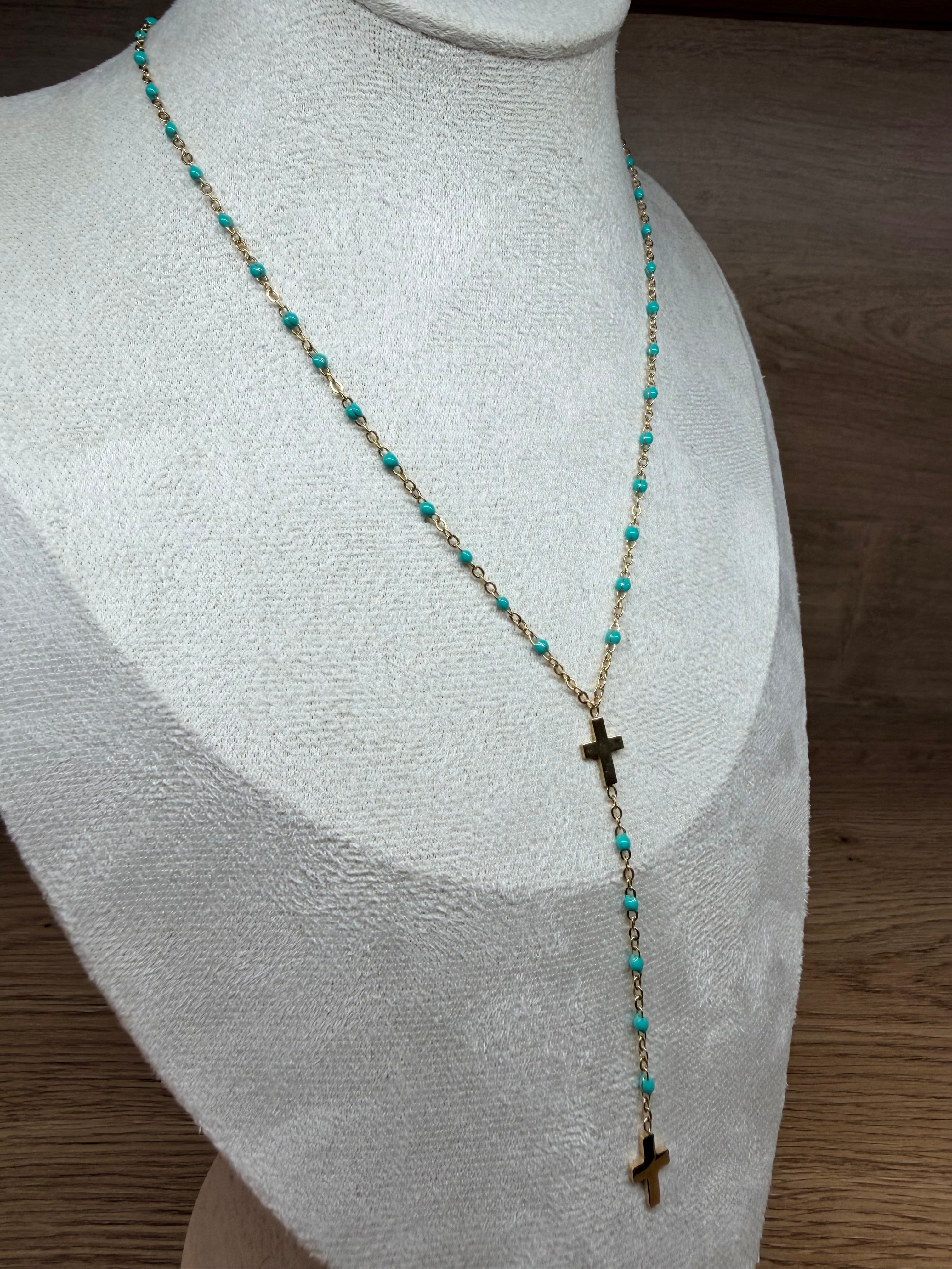 Collier Chapelet Acier Inoxydable Doré - Pendentif Croix et Perles Turquoise